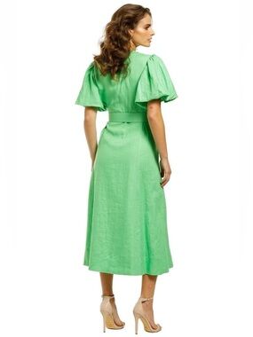 NICHOLAS Bright Green 100% Linen V-Neck Midi Dress with Belted Waist